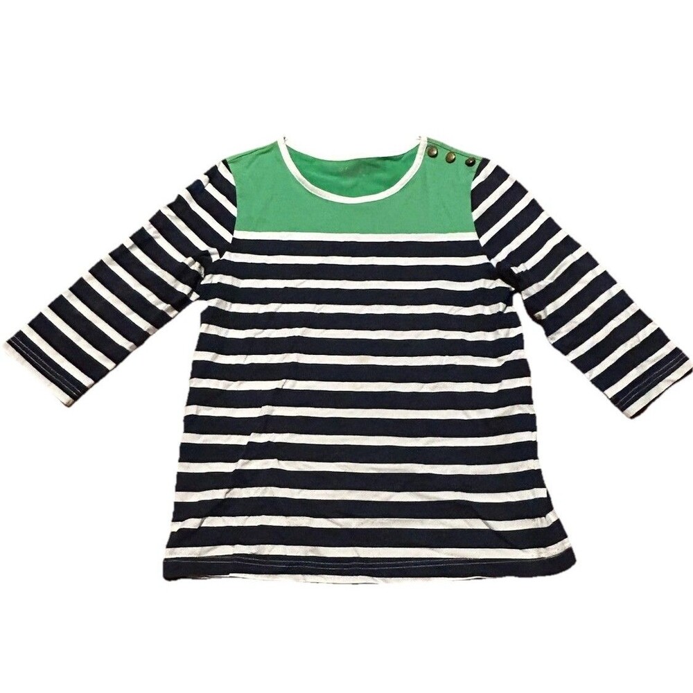 Blair Women’s Striped Nautical Top Green Navy White 3/4 Sleeve Gold Buttons S